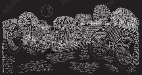 River in the night medieval town. White doodle sketch on a black background