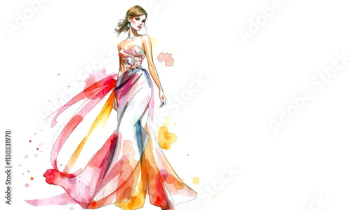 Elegant fashion sketch featuring woman in flowing watercolor gown with vibrant colors and floral details, showcasing artistic design and style