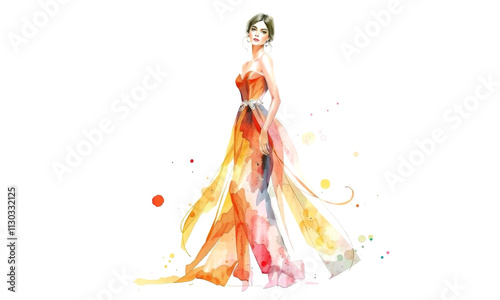 stunning fashion sketch featuring woman in vibrant, flowing gown with watercolor effects. dress showcases blend of orange, yellow, and red hues, exuding elegance and style