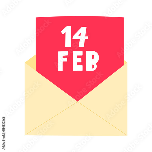 Open envelope with postcard - 14 Feb. Design for Valentine's day. Illustration on white background.