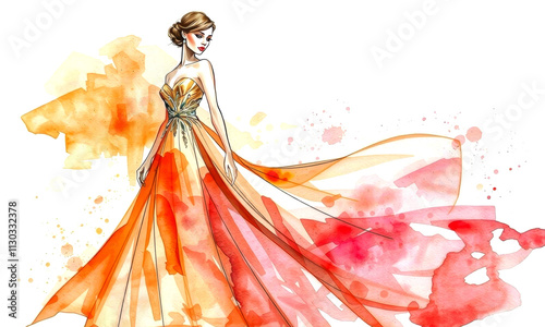 Fashion sketch of woman in flowing orange and yellow dress, showcasing watercolor techniques and elegant design. vibrant colors create lively and artistic expression