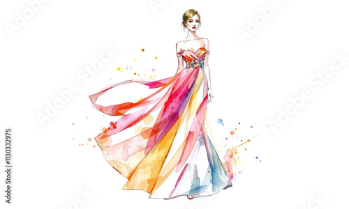 Fashion sketch of woman in colorful, flowing dress with watercolor effects, showcasing vibrant hues and elegant design, perfect for fashion illustration enthusiasts