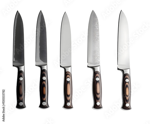 Set of Japanese kitchen knives on a white background, fully visible and centered. PNG transparent. photo