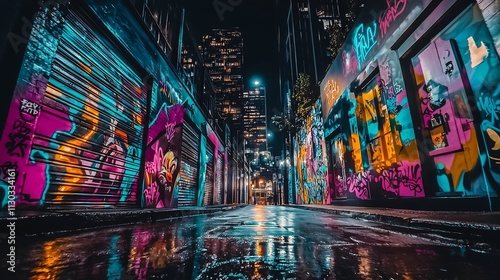 Mesmerizing Neon Lit Alley with Colorful Graffiti and Reflections in Puddles on a Rainy Night