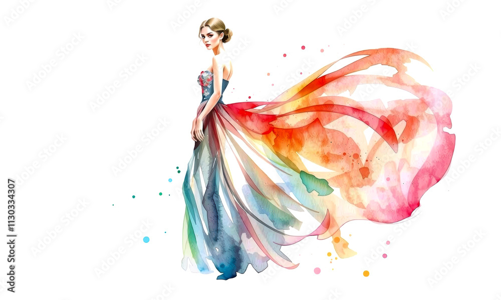Fototapeta premium Fashion sketch of woman in colorful, flowing dress with vibrant train, showcasing elegance and artistic flair. watercolor style adds dreamy quality to design