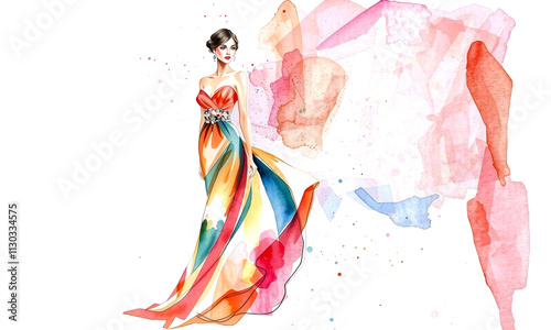 vibrant fashion sketch featuring stunning gown with colorful watercolor accents. elegant design showcases flowing fabric and artistic flair, perfect for fashion enthusiasts