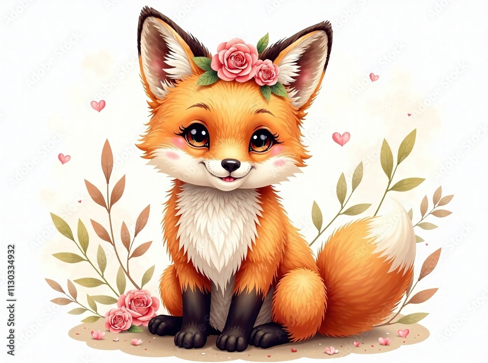 Fototapeta premium Cute Baby Fox Floral Headband Nursery Decor Watercolor Illustration