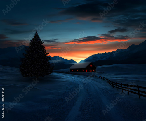 Festive christmas tree with glowing string lights and a cozy wooden house in a snowy mountain valley at sunset photo