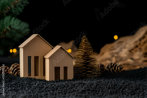 Tiny wooden cottages and a shimmering christmas tree stand on dark sand, encircled by pine cones and soft lights, creating a warm holiday ambiance photo