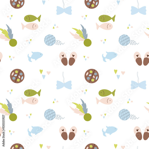 Pet toys seamless pattern, fish, ball, feather, skein of thread, slippers, vector pattern, pastel colors