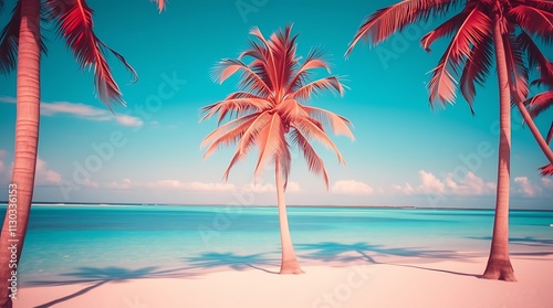 Tropical Beach Paradise: Pink Palm Trees and Turqu... photo