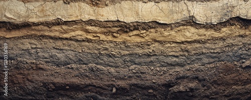 A cross-section of earth layers showcasing various sedimentary strata with distinct colors and textures.