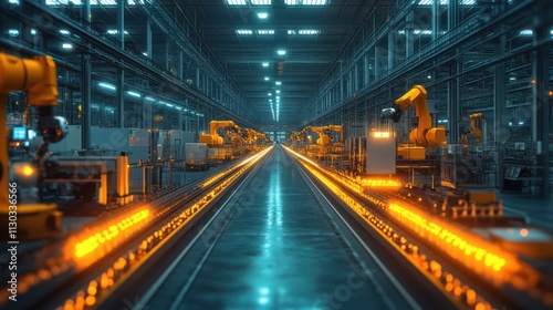 Automated industrial robotic assembly line with glowing parts. photo