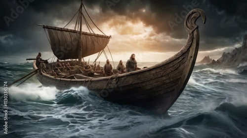 A viking longboat sailing on a stormy sea