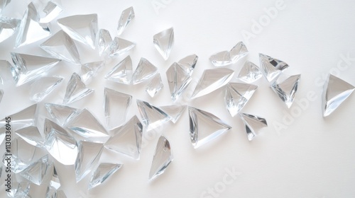 shattered glass pieces scattered across a clean white background