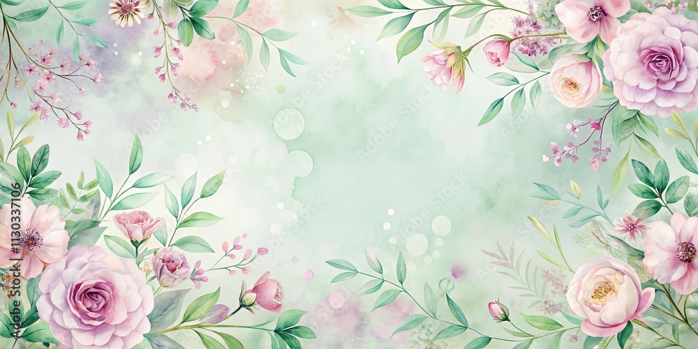 Fototapeta Floral watercolor design with pastel roses and greenery, perfect for elegant invitations or wall art