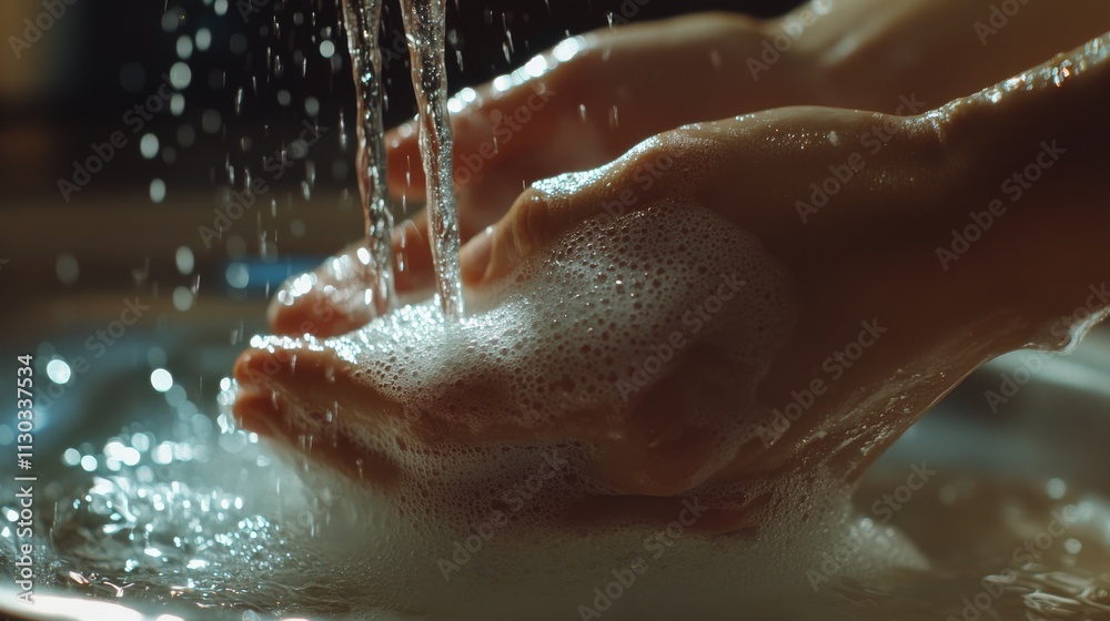 Fototapeta premium hygienic handwashing scene, flowing tap water, soap suds on hands, minimalist kitchen background, bright daylight interior, crystal clear water drops, gentle motion capture, wellness concept,