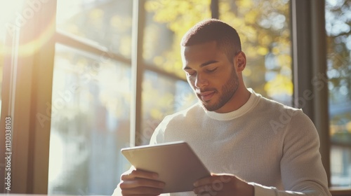 Free Download educational environment portrait, confident instructor with tablet computer, warm natural lighting from windows, students engaged in learning, school furniture, clean minimal classroom design, - GFXLoad