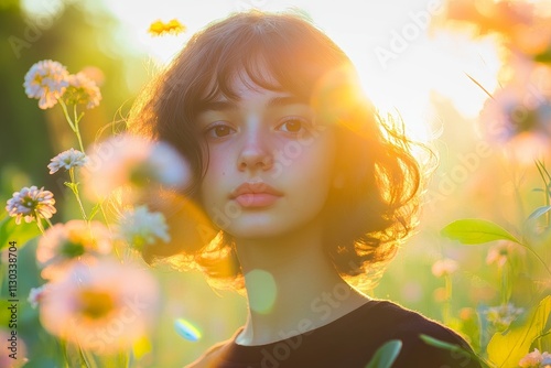 Portrait of a young person standing in front of a field of flowers, soft-focus background, sunlight filtering through leaves, eco-friendly theme, Earth Day celebration.  photo