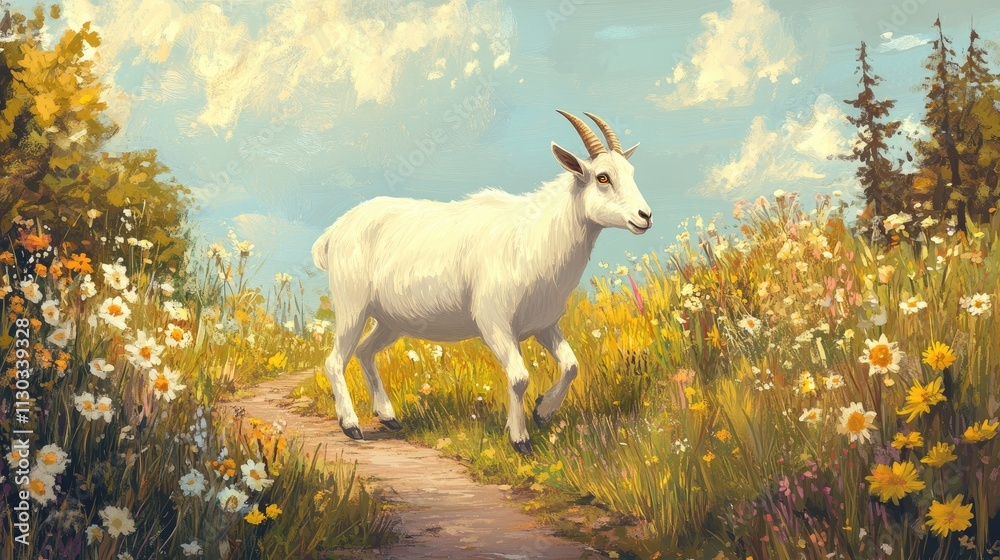 Naklejka premium White Goat Walking Through Colorful Flower Field Under Blue Sky