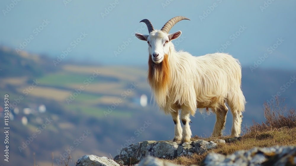Obraz premium Majestic White Goat Standing on Rocky Terrain Against Scenic Backdrop
