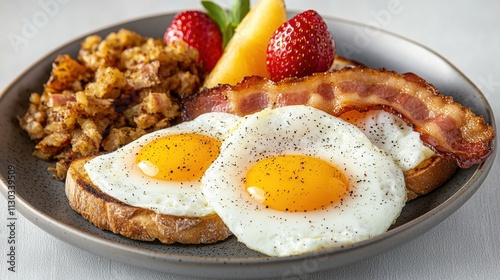 A plate of sunny side up eggs, crispy bacon strips, and golden brown toast slices, served with a side of savory hash browns and fresh fruit garnish.