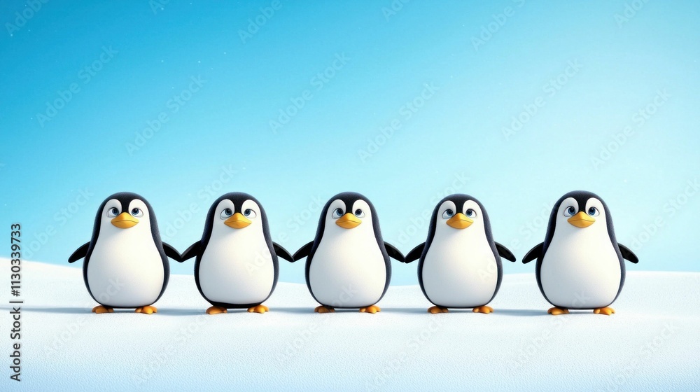 Fototapeta premium Five Penguins Holding Hands in Snow