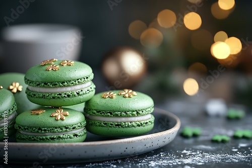 Close-up of Green Macarons Decorated with Shamrocks for St. Patrick's Day photo