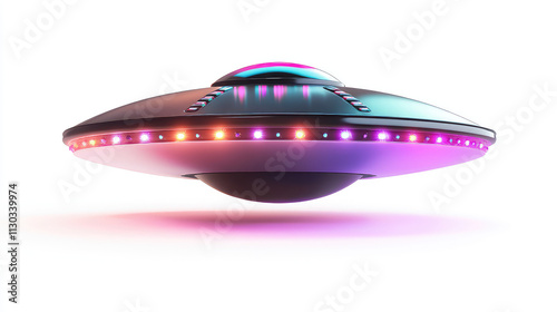 A futuristic, hovering UFO with vibrant lights, suggesting themes of science fiction and extraterrestrial exploration.