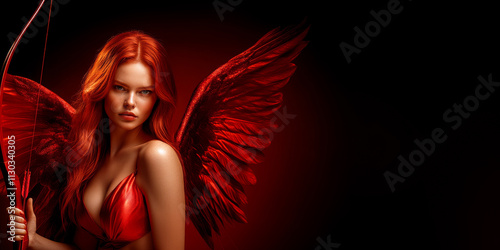 Beautiful woman cupid in red dress with big wings behind back looks mysteriously on red blurred shiny background.Valentines Day. Love concept. Festival costume for party photo