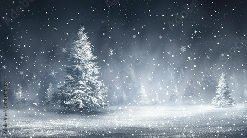 Snowy winter forest scene at night with snow falling on fir trees.