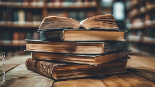 academic still life scene, overlapping hardbound volumes, modern tablet contrast, warm natural lighting, diverse book colors, documentary style photography, selective focus technique