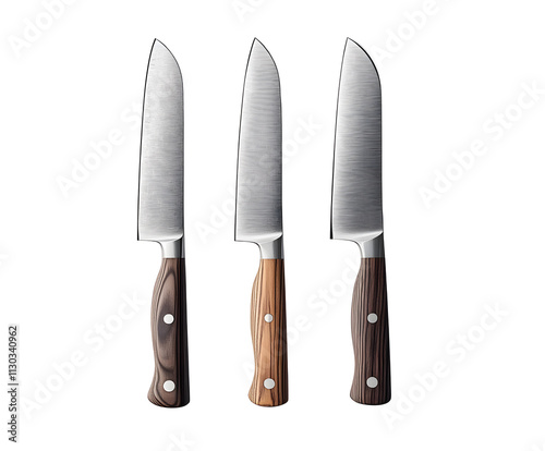 Set of Japanese kitchen knives on a white background, fully visible and centered. PNG transparent. photo