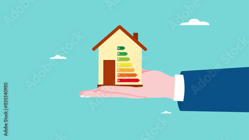 energy efficiency, building architectural procedures to save energy, saving rate for reduce carbon footprint, big businessman hand present house with energy efficient rating class to save cost energy