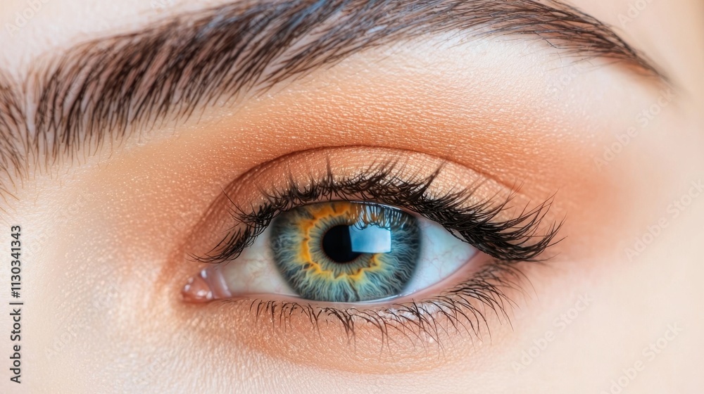 Obraz premium The close up image showcases the intricate details of a beautiful female eye with stunning, natural makeup and a focus on macro photography.