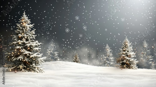 Snowy winter landscape with illuminated Christmas trees.
