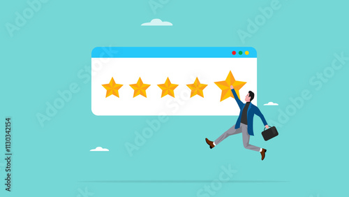 five star rating, customer satisfaction survey, client questionnaire or service quality feedback, people choose a five-star rating for the experience of purchasing a product or service