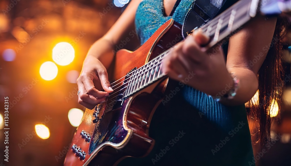 Obraz premium Musician playing guitar on stage with vibrant lights.