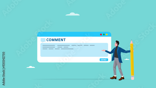 product comment or review, customer experience for evaluation, customers' opinions regarding the quality of products or services, businessman with big pencil write comments for products