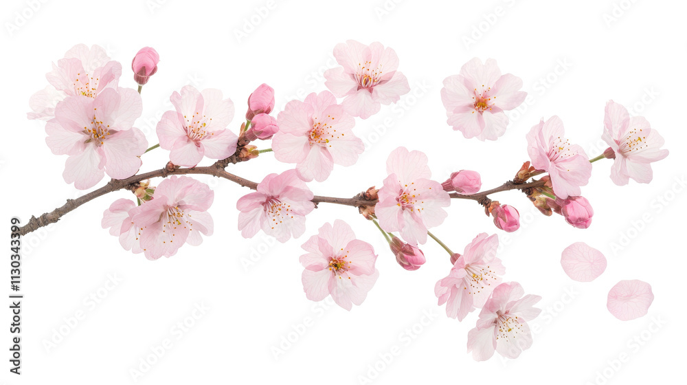 Naklejka premium Delicate Cherry Blossom Branch with Falling Petals in Soft Pink Hues