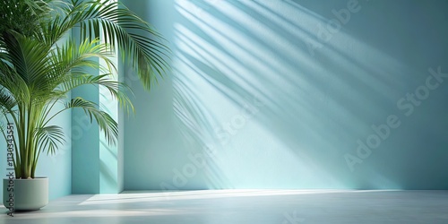 Serene Minimalist Interior Scene with Sunlight Streaming Through Window and Lush Greenery in a Pale Teal Room