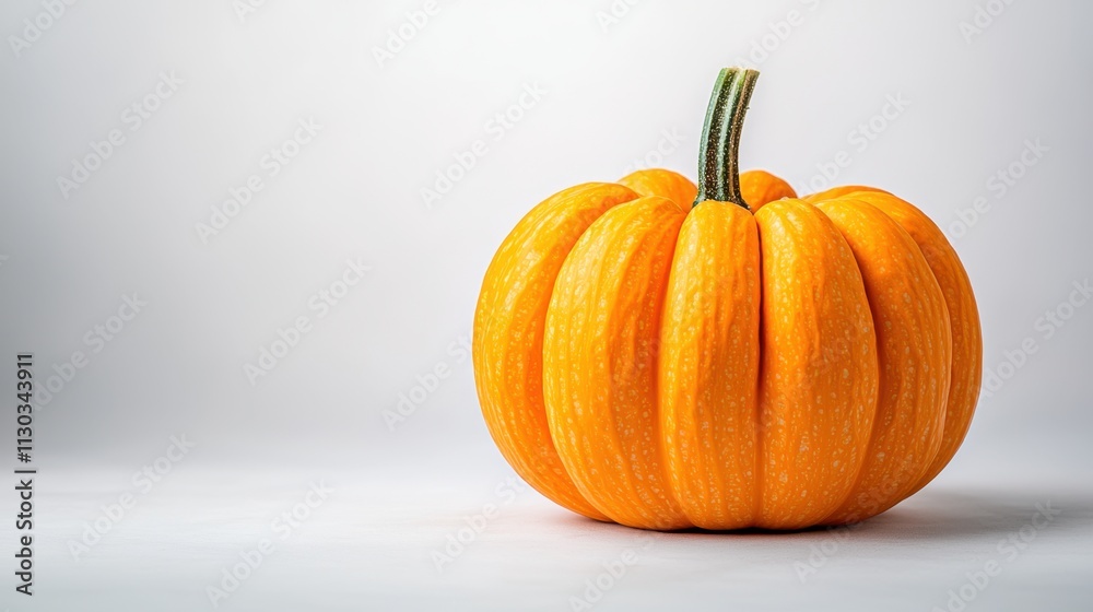 Obraz premium A small orange pumpkin with a short green stem, sitting alone on a white background.