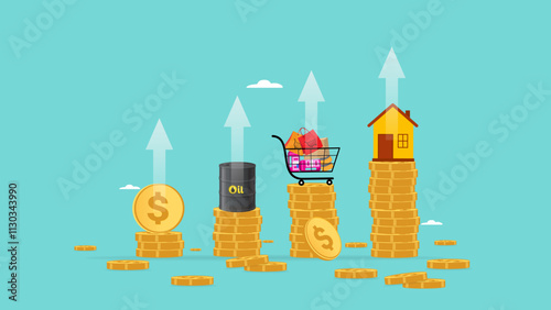 inflation, world economics crisis, decline in currency value, US dollar inflation, rising property prices and basic necessities product, world oil prices increase, rising pile of coins and item price