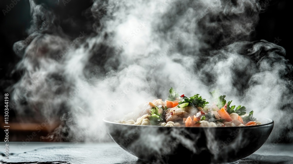Steaming Bowl of Delicious Noodle Dish with Fresh Vegetables and Herbs