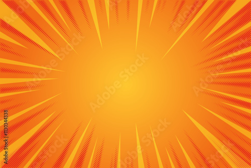 Sunburst background vector illustration. Yellow sunny rays. Retro star light with halftone. Comic abstract wallpaper.