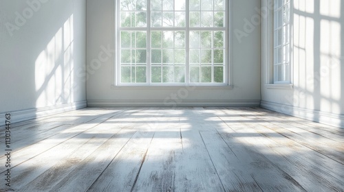 Bright and Airy Empty Room with Large Windows and Sunlight Streaming on Wooden Floor