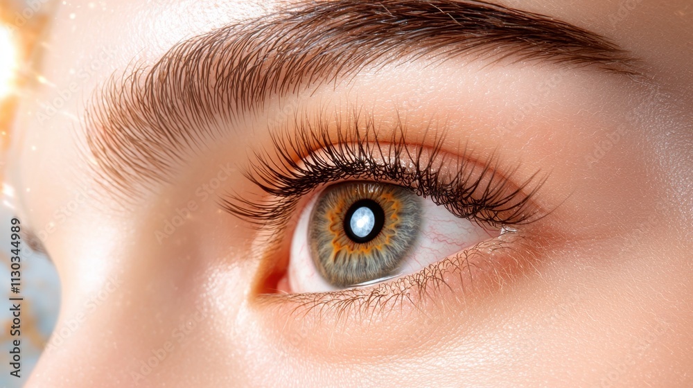 Obraz premium A close up image of a woman's eye with long eyelashes, surrounded by a soft, glowing circle of light and a beautiful marble effect in the background