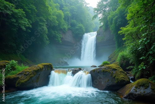 Scenic waterfall surrounded by lush greenery.