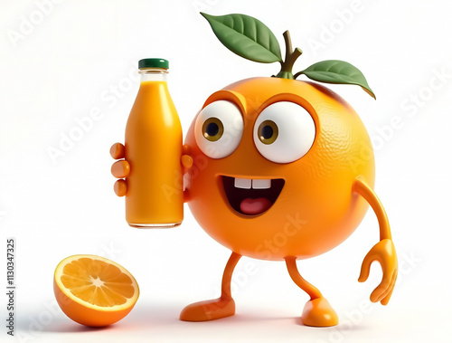 Adorable Orange Cartoon with Emoticon Face and Juice Bottle – Perfect for Banners and Billboards photo