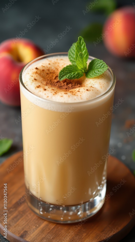 Creamy peach smoothie garnished with fresh mint and sprinkled cinnamon in a tall glass, set against a dark background with whole peaches and cinnamon sticks Creamy peach smoothie garnished with fresh mint and sprinkled cinnamon in a tall glass, set against a dark background with whole peaches and cinnamon sticks